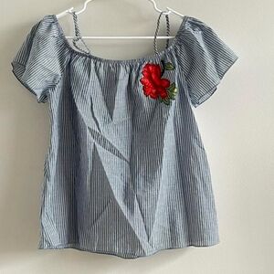 Charlies Blue and White Striped Off-Shoulder Cotton Top with Red Floral Applique
